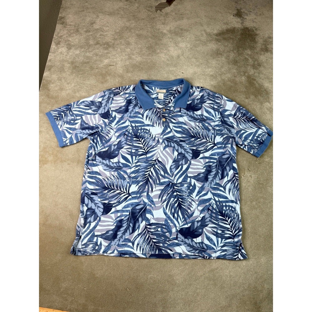 Breakwater Polo Shirt Mens XL Blue Tropical Palm Print Cotton Golf Performance